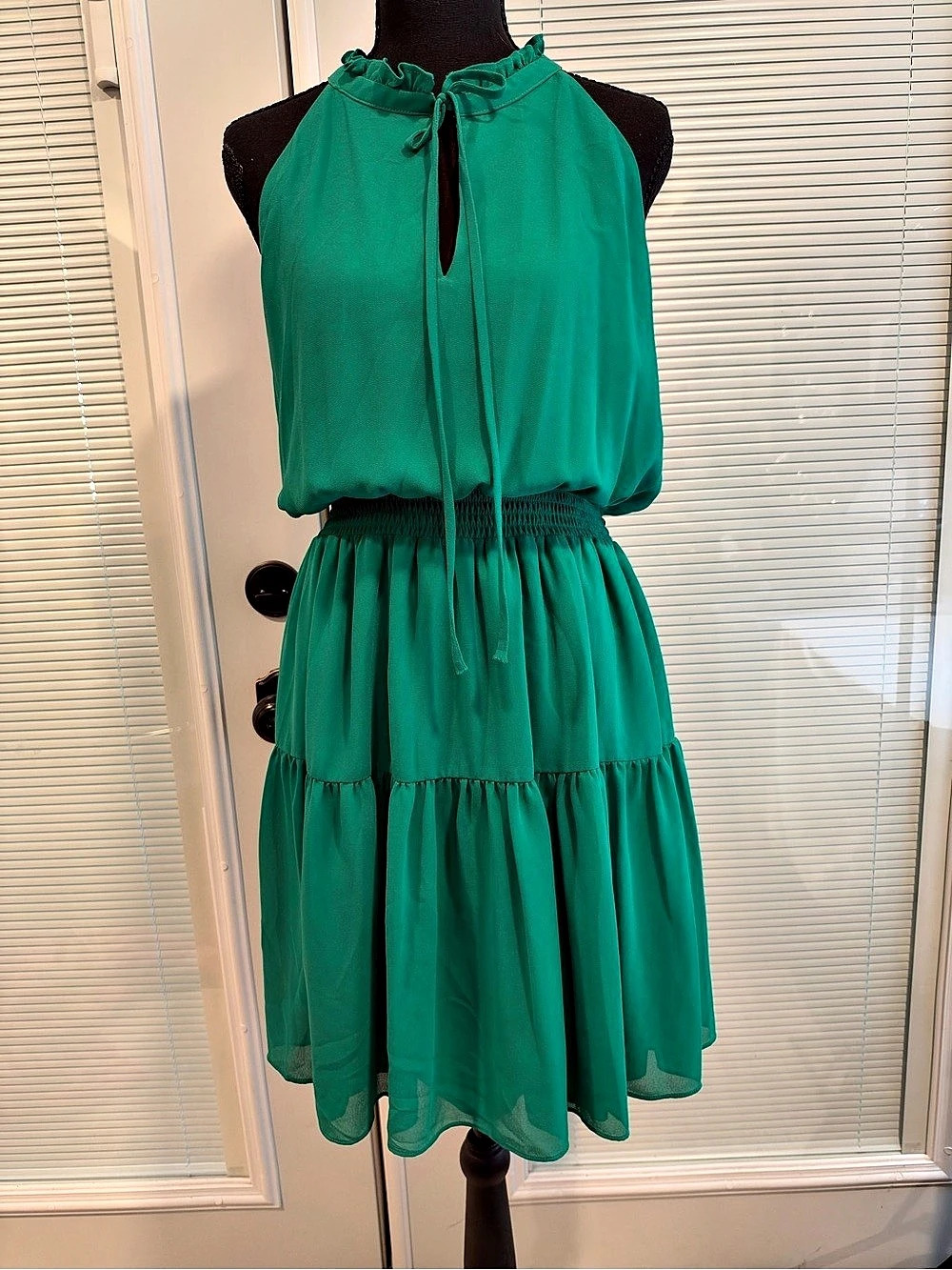 Vince Camuto Halter Neck Ruffle Tiered Dress Green Mini Dress Size 14